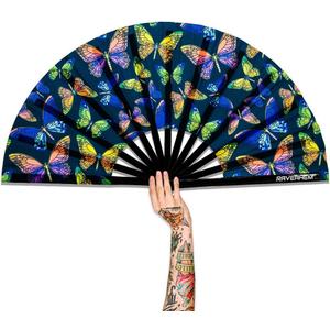 UV Glow Rave Fan, Bamboo Folding Clack Hand Fans Foldable for Men Women, Boots on the Ground Poping Fan for EDM Festival Line Dance Decoration, (Butterfly-1, Large 13")