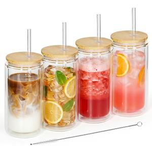 4 Pack Glass Cups with Lids and Straws 12 oz Double Wall Glass Tumbler Insulated Borosilicate Iced Glass Coffee Cups for Iced Coffee, Smoothies, Tea, Juice (Clear)