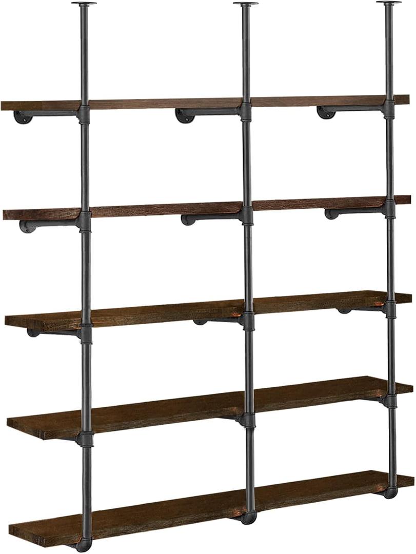 HITOMEN Industrial Iron Pipe Shelves, 3 Set 5-Tier 70.5" Tall 12" Depth, DIY Open Bookshelf Bookcase, Wall Mounted Vintage Retro Shelving, Rustic Farmhouse Pantry Kitchen Storage, Black Shelf Brackets