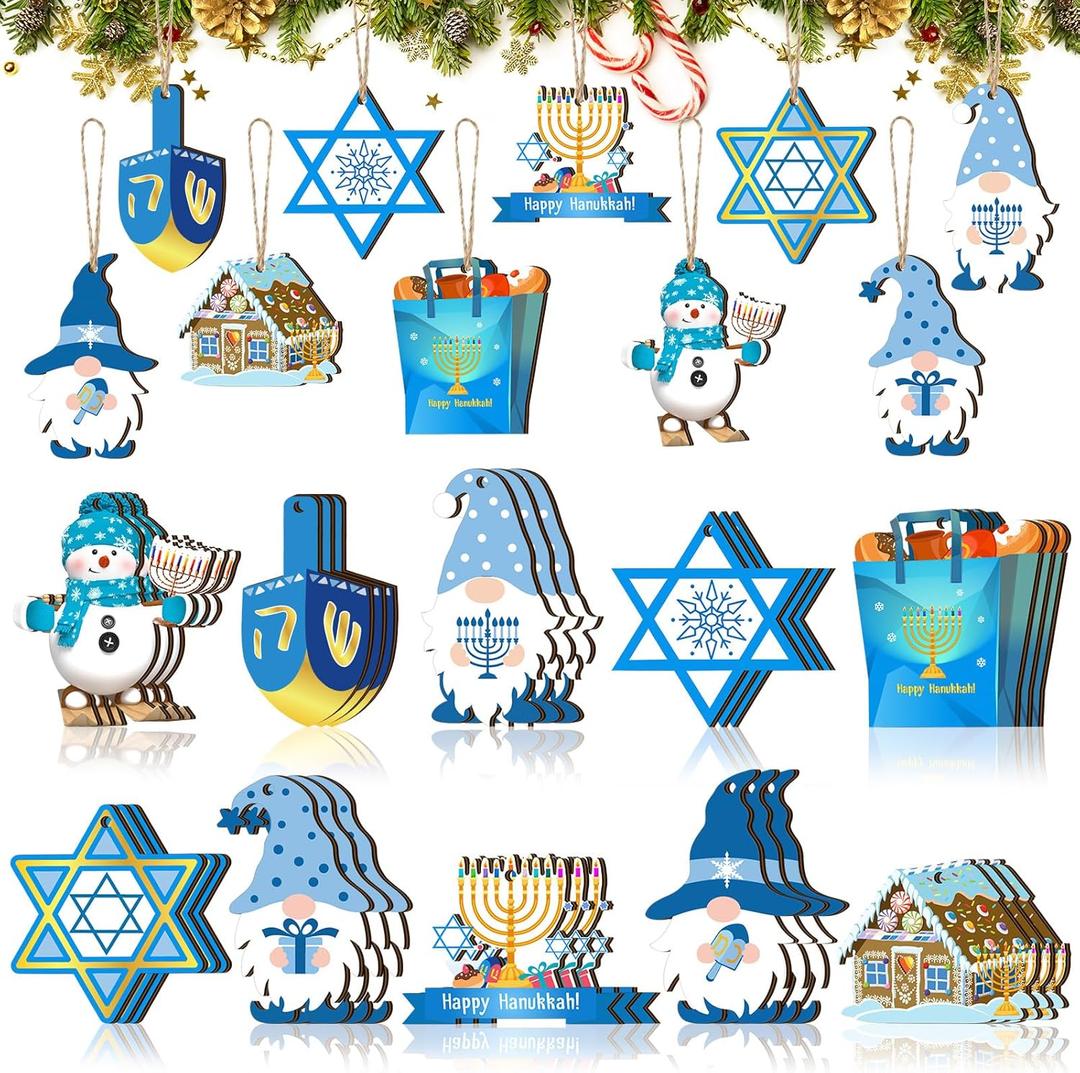 30 Pieces Hanukkah Ornaments for Tree Wooden Chanukah Hanging Ornaments Menorah Gnomes with Rope Star of David Crafts Dreidel for Jewish Christmas Holiday Party Room Wall Home Decoration, 10 Styles