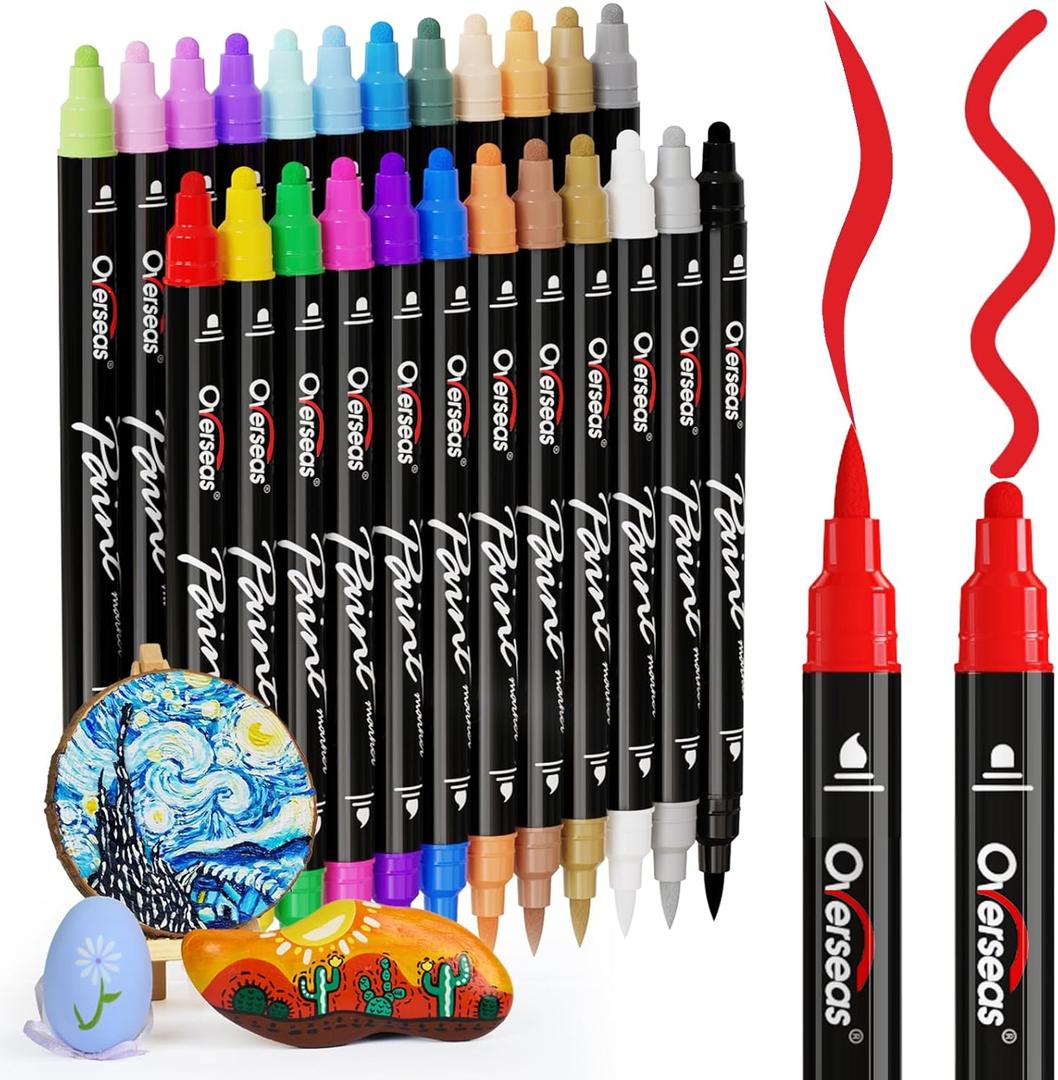 Overseas Acrylic Paint Markers, 24 Colors Paint Pens Acrylic Markers Dual Tip with Brush Tip and Dot Tip, No Bleeding Coloring Markers for Wood, Rock, Canvas, Glass, Metal, Ceramic, Plastic, Fabric (1 Count (Pack of 24))