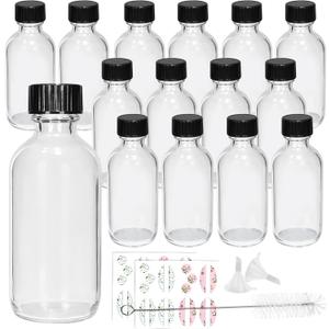 15 Pack Glass Clear Boston Bottles with Black Poly Cone Cap, 2 oz Round Glass Bottle for Essential Oil, Perfume and Liquid, Contains 24 Colored Labels, 2 Funnels, 1 Brush (Transparent)