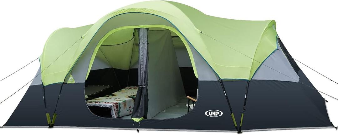 UNP Camping Tent 10-Person-Family Tents, Parties, Music Festival Tent, Big, Easy Up, 5 Large Mesh Windows, Double Layer, 2 Room, Waterproof, Weather Resistant, 18ft x 9ft x78in (Fluorescent green)