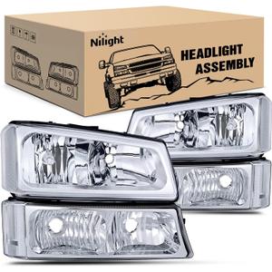 Nilight Headlight Assembly for 2003 2004 2005 2006 Chevy Silverado Avalanche 1500 1500HD 2500 2500HD 3500 Chevrolet Pickup Replacement Headlamp Housing Bumper Lamp Set (Chrome Housing + Clear Reflector)