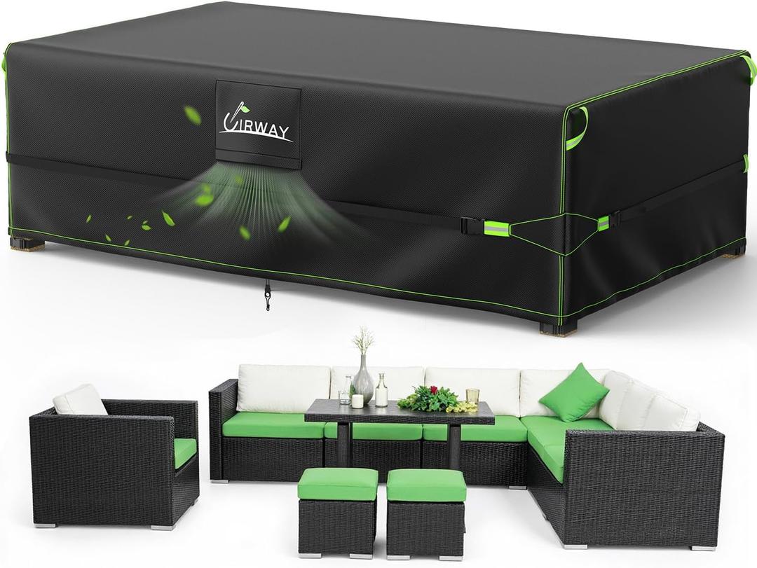 UIRWAY 600D Heavy Duty Outdoor Furniture Covers-Upgraded 5 Layer Tough Oxford fabric Waterproof Patio Table Cover for Table and Chairs with Triple-Layer Windproof Design Fits 128"L × 83"W × 28"H