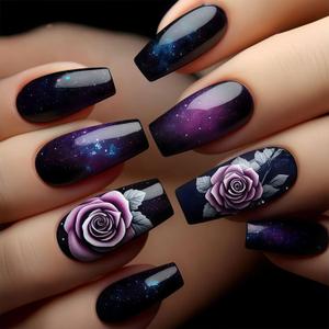 Medium Press on Nails Coffin Shape Acrylic Fake Nails Press Ons Black Gradient False Nails with Starry Sky Designs Purple Flower Stick on Nails Reusable Glue on Nails for Women Girls 24Pcs (A23)