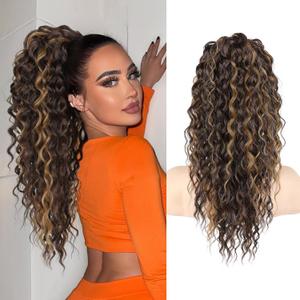 SEIKEA Ponytail Extension, PT005 Isabella 18" Long Bohemian Curly Drawstring Ponytail Light Fluffy Multi Layered Clip in Hair Extensions Ponytail Natural Soft Synthetic Hairpiece Brown/Caramel Blonde (18 Inch (Pack of 1), Chocolate Brown with Caramel Blonde Highlights)