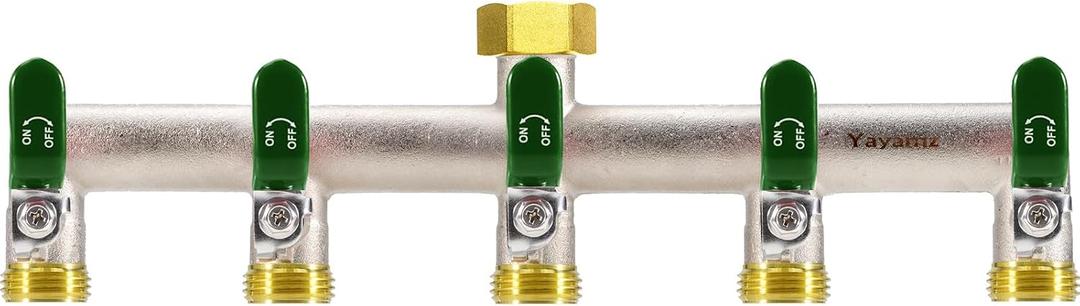 5 Way Garden Hose Splitter, Heavy Duty Brass Nickel Plated Rust Resistant Faucet Manifold, 3/4" Frost Resistant Outdoor Hose Adapter ConnectorHose Spigot Adapter with 5 large Green handles