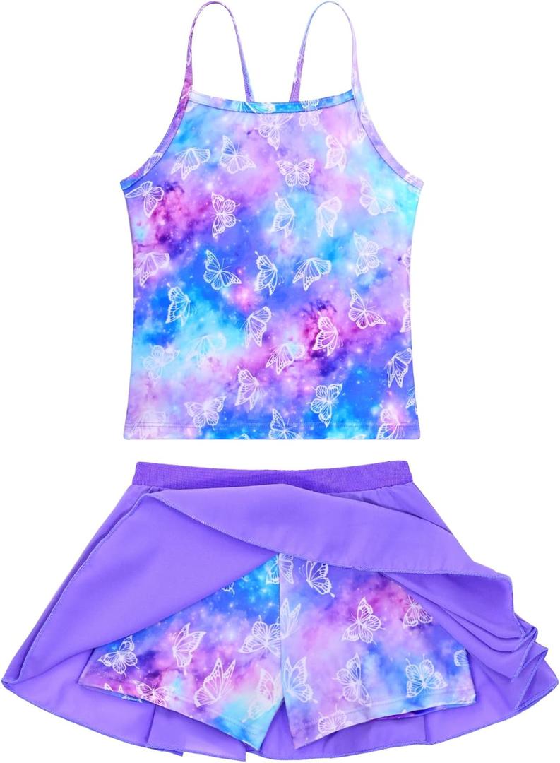 Girls Swimsuit Two Pieces Bathing Suit Multicolor Sleeveless Rash Guard Sets for Kids Child (8-9 Years, Blue Purple)