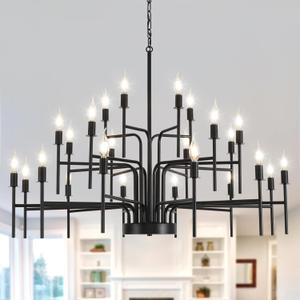 Modern Farmhouse Chandelier 24 Light Large Black Chandeliers for Dining Room Light Fixture, Round Iron Candle Chandelier 3-Tier 41for High Ceilings Foyer Living Room Entryway Hallway, E12