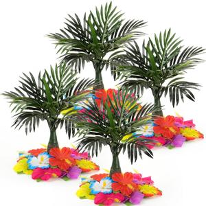 Hotop 104 Pcs Hawaiian Party Flower Centerpieces for Table Include 4 Artificial Palm Tree and 100 Hawaiian Hibiscus Tropical Faux Flowers Party Decorations Supplies Flowers for Hawaii Luau Theme Decor