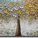 ART8YUQI Art - Contemporary Abstract Art Oil Painting On Canvas Texture 3D Silver - Golden Flower painting Handmade Artwork Picture Canvas Wall Art Modern Home Decor living room Ready to Hang 30x60 inch