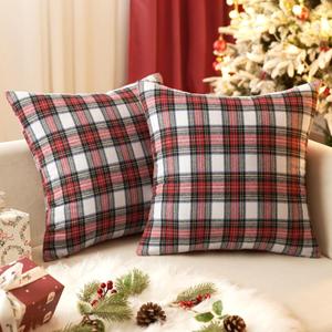 EMEMA Christmas Red and White Tartan Plaid Throw Pillow Covers 18x18 Inch Decorative Scottish Farmhouse Retro Classic Square Cushion Cases for Decor Sofa Couch Winter Holiday Set of 2