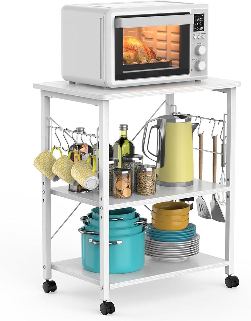 Mr IRONSTONE Microwave Cart 23.7'' for Small Space, 3-Tier Microwave Stand Coffee Cart Rolling Kitchen Utility cart on Wheels, White