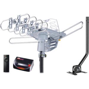 PBD Amplified Outdoor TV Antenna with 360 Motorized Rotation, UHF/VHF Long-Range Reception, Remote Control, Mounting Pole & 40FT RG6 Cable, Dual TV Outputs, Supports 4K/1080P Smart & Older TVs