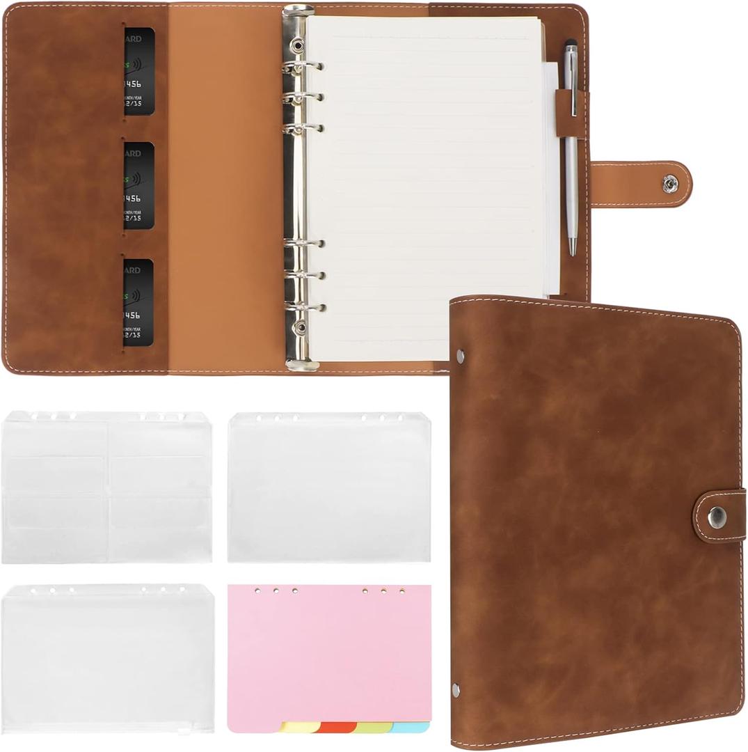 FYY A5 Binder Refillable Planner Notebook 6 Ring PU Leather Binder Journal with Pockets, Dividers, Refill Paper Brown