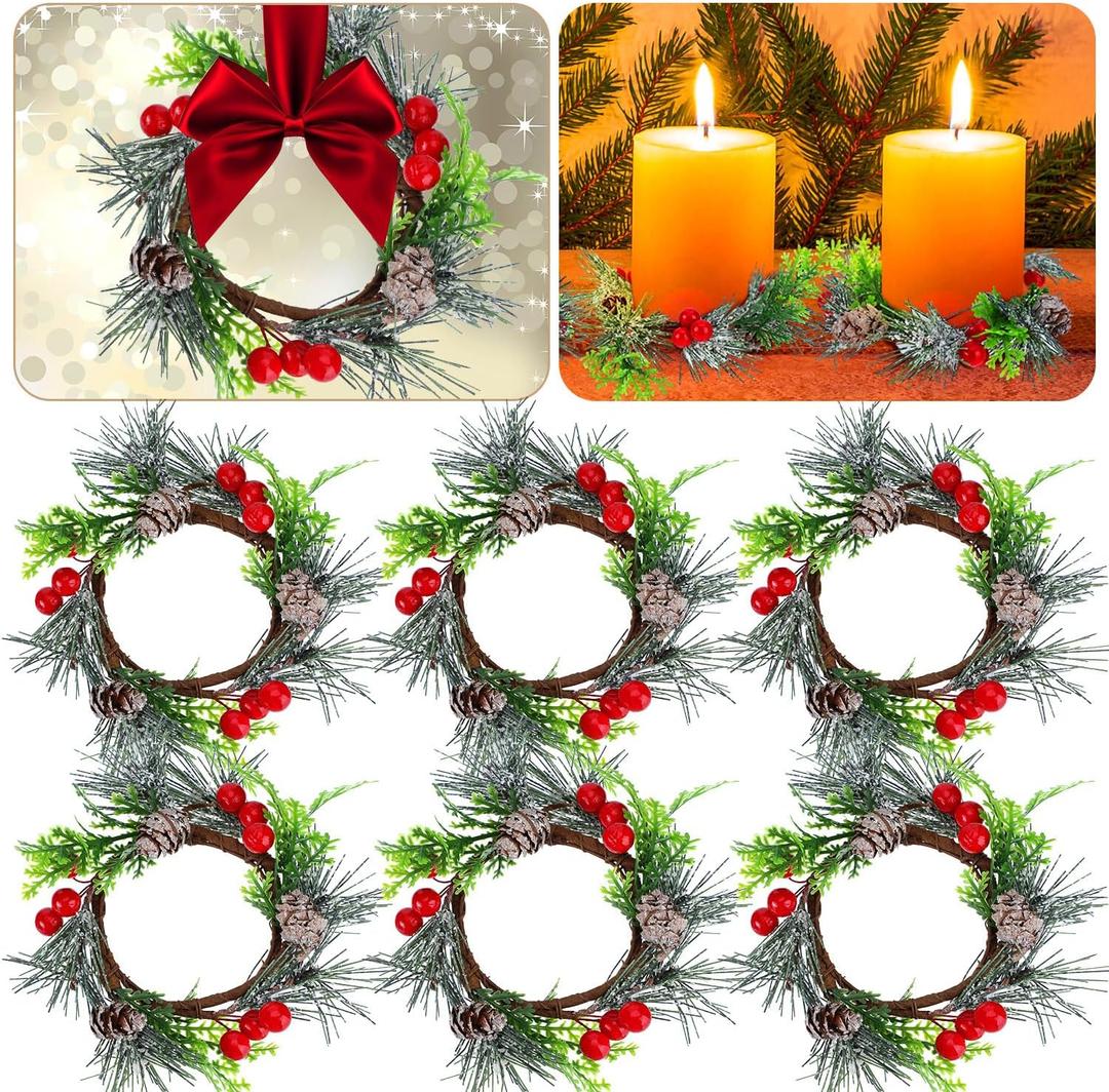 6 Pcs Christmas Candle Ring 4.7 Inch Mini Christmas Wreaths for Home Cabinets Artificial Berry Candle Rings with Pine Cones Small Wreaths for Home, Wedding, Christmas Holiday Table Decoration (Red)