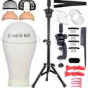 Wig Stand With Head,Adjustable Metal Wig Stand Tripod, 22 inch Manikin Canvas Block Head for Wigs Making Display Cosmetology Hairdressing Training With Set ,Wig Cap & T Pins C Pins Set Bristle Brush