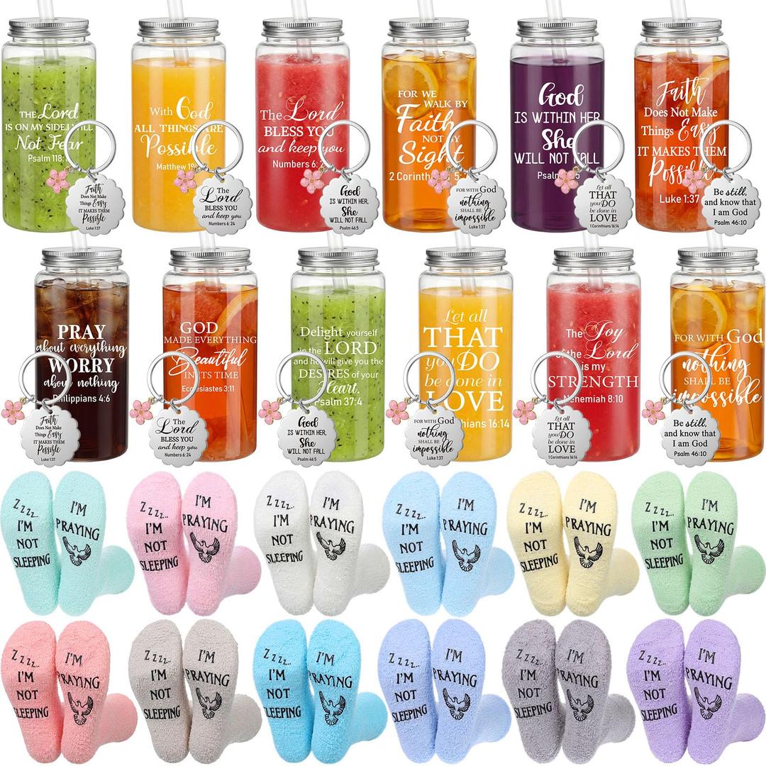 Unittype 36 Pcs Christian Gifts Bulk Mother's Day Church Gift 13.5 oz Bible Verse Plastic Cup with Lid Straw Religious Prayer Socks Inspirational Keychain for Women Men Christian Party Favor