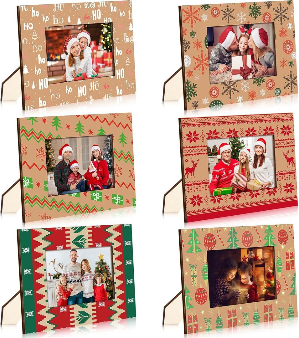 6 Pcs Christmas Picture Frame Christmas Photo Decor 4x6 Inch Decorative Vintage Wooden Frame Ornament Gift Picture Display for Family Happy Xmas Winter Holiday Desktop Party Gift Decoration