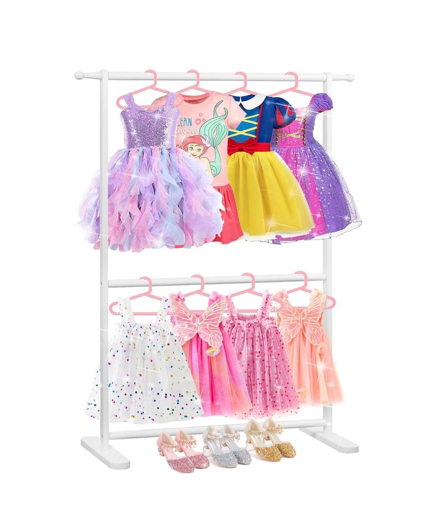 Bamboo Kids Clothing Rack with Dual Poles, Child Dress Up Rack, Clothing OrganizerRack, Small GarmentRack, Perfect for Costumes and Accessories (White)