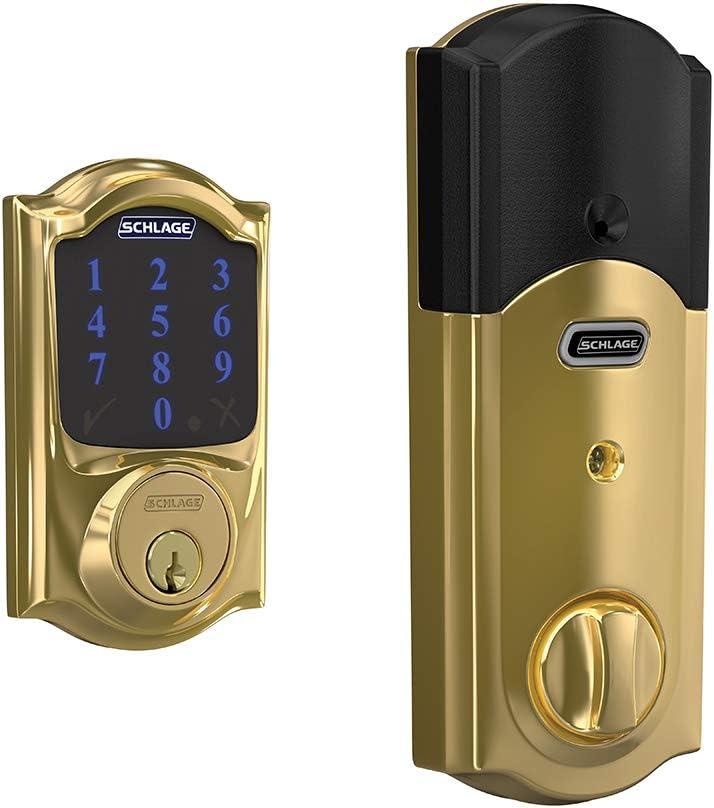 SCHLAGE BE469ZP CAM 605 Connect Smart Deadbolt With Alarm Inbuilt Camelot Trim In Bright Brass (Camelot, Bright Brass)