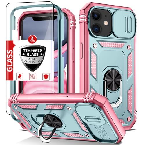 IYTRRYH Compatible with iPhone 11 Case with 2 Tempered Glass Screen Protector,Built-in Camera Cover+Stand Ring,Dustproof Shockproof Military Grade Drop Heavy Duty Protection Phone Bumper,Green Pink