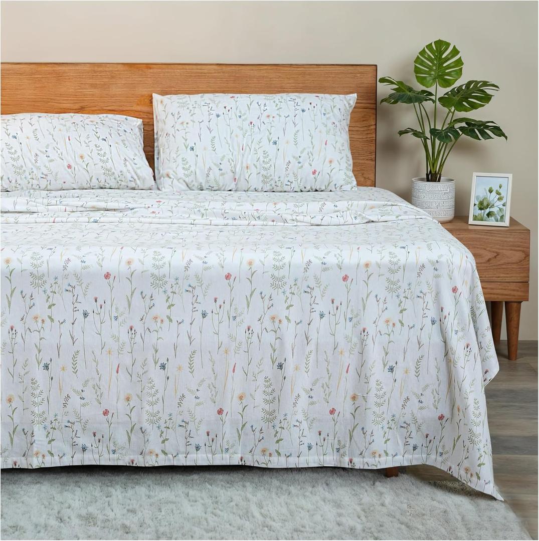 RUVANTI Flannel Sheets Full Size - GOTS Certified 100% Organic Cotton, 4 Piece Warm, Soft & Breathable Set, Deep Pocket Snug Fit, Double Brushed Cozy All Season Bedding, Linen Blooms