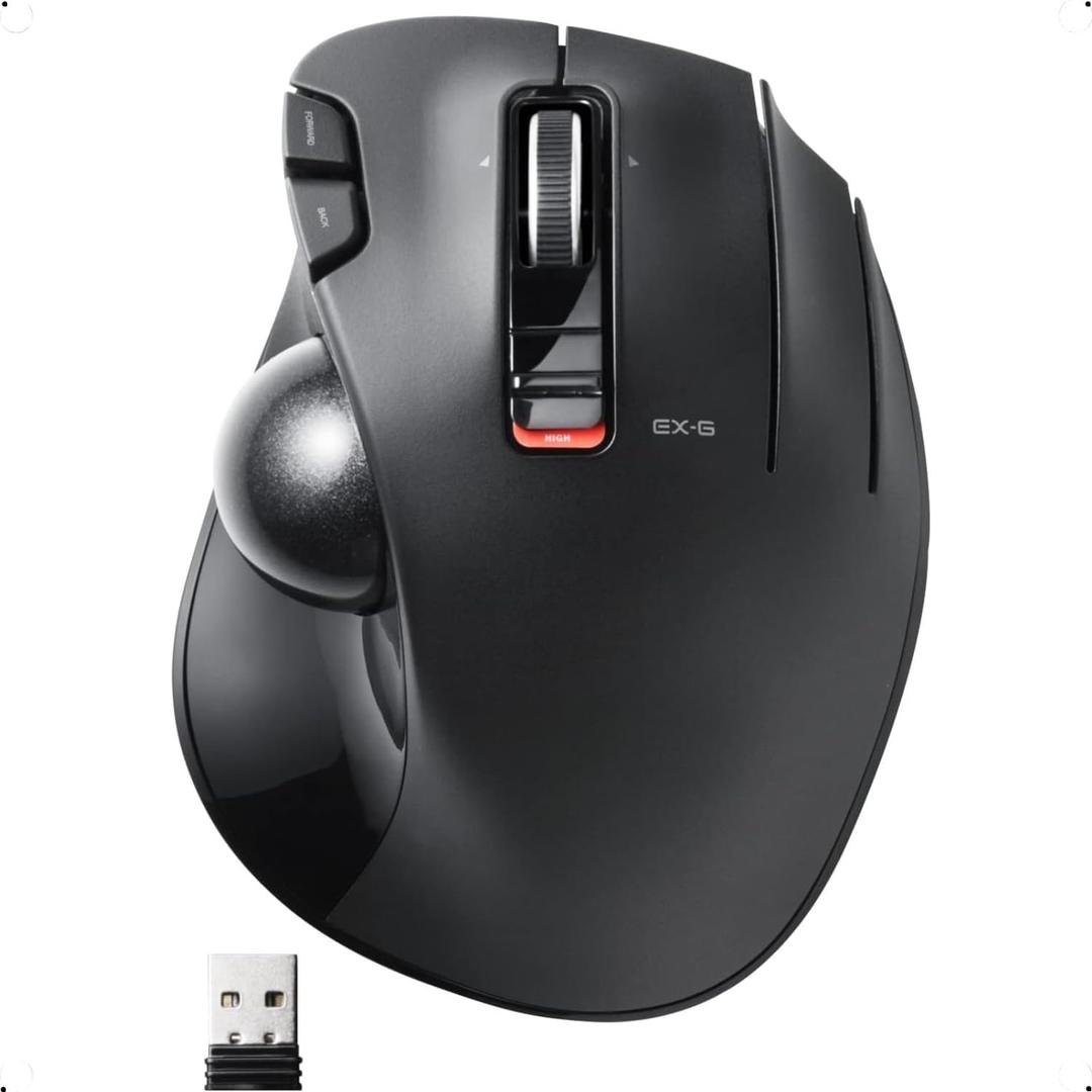 ELECOM EX-G Trackball Mouse, 2.4GHz USB Wireless, Ergonomic Design, Thumb Control, Smooth Roller Ball, Optical Tracking, 6 Programmable Buttons, Tilt Scroll, Computer Mice for Laptop PC, Windows & Mac