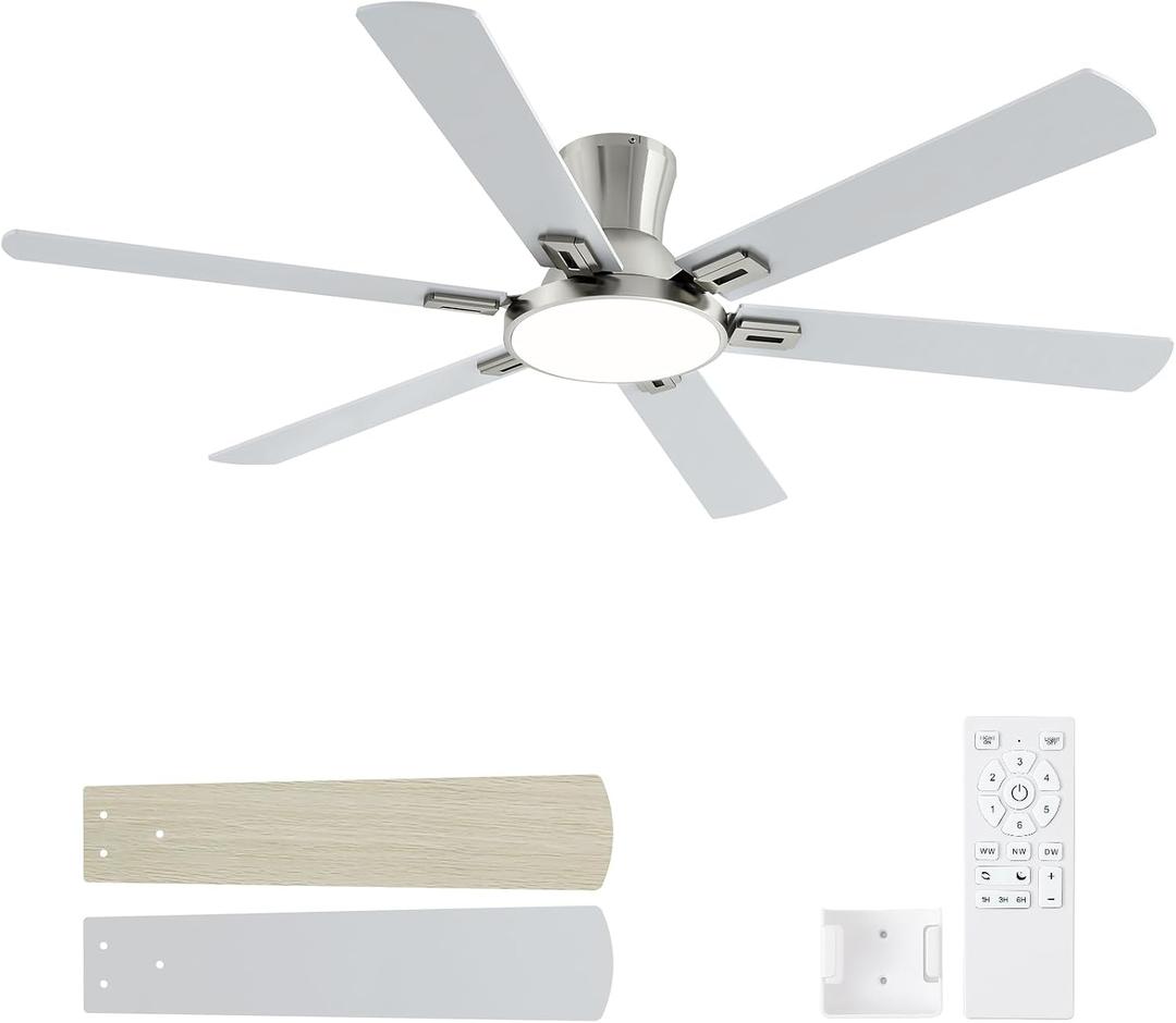 60 Inch Brushed Nickel Ceiling Fans with Lights, Flush Mount Ceiling Fan | Low Profile 6 Blades Quiet Reversible DC Motor for Living Room, Bedroom and Patio
