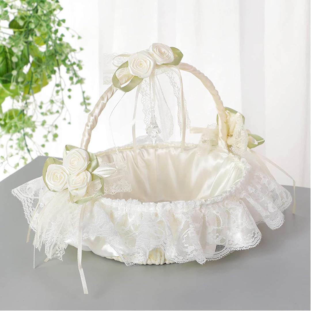 Large Flower Girl Baskets for Weddings, Fairy Lace Bowknot Wedding Flower Basket with Foldable Handle and Rhinestone Lvory Satin Lace Collection, Decoration and Party Supplies, 8.6x9in