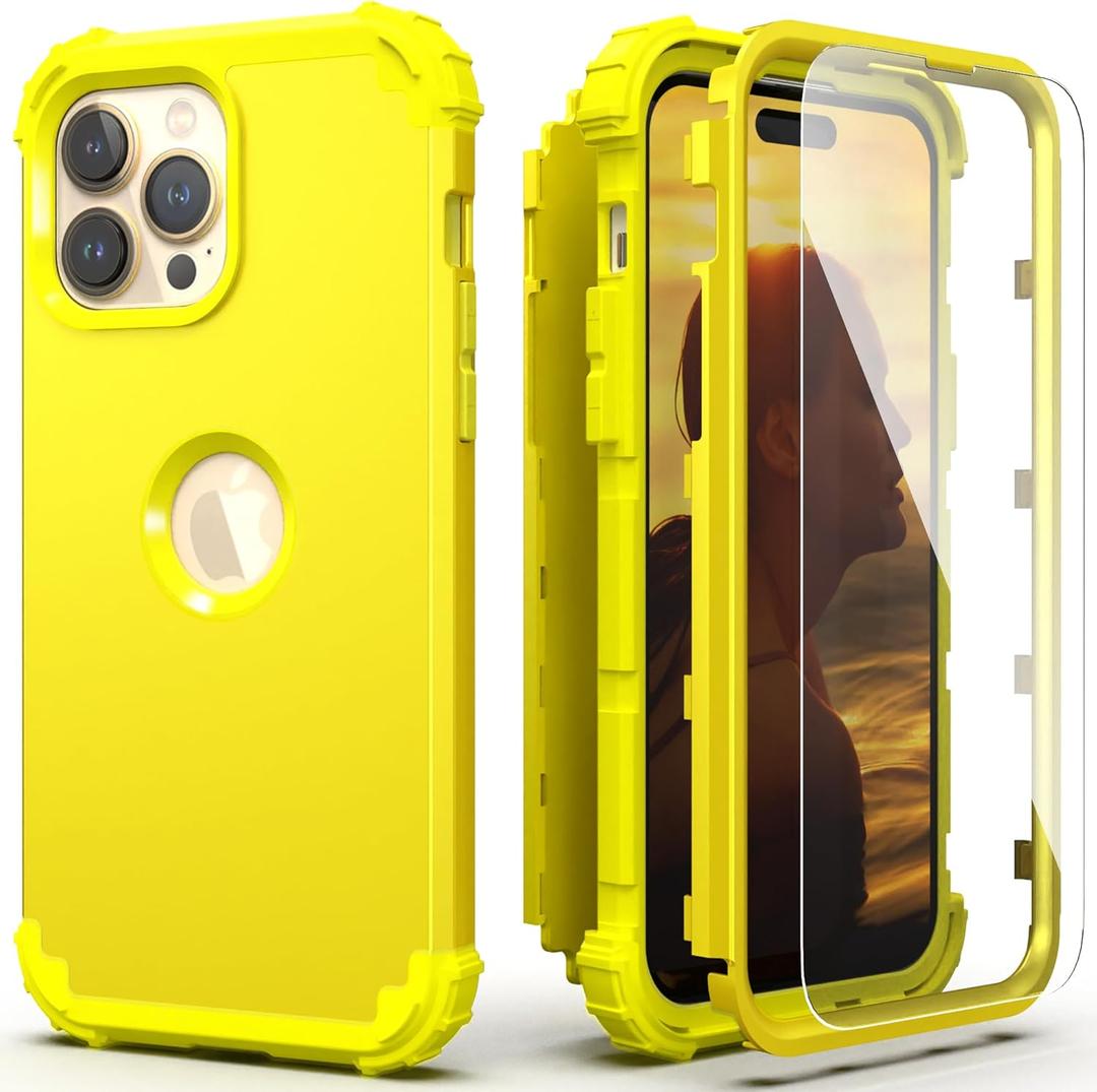 IDweel for iPhone 14 Pro Max Case with Screen Protector, 3 in 1 Shockproof Slim Fit Hybrid Heavy Duty Protection Hard PC Cover Soft Silicone Sturdy Bumper Anti-Scratch Full Body Case,Yellow