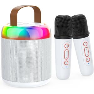 Mini Karaoke Machine for Kids Portable Bluetooth 5.3 Speaker Led Lights with 2 Wireless Microphones Karaoke Toy Gifts for Girls Boys Audlt Birthday Christmas Solid Metal Body - Pure White