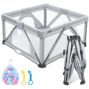 ANGELBLISS Baby Playpen, Foldable Playpen for Babies and Toddlers, Indoor & Outdoor Baby Activity Center with Visible Breathable Mesh, Portable Play Yard with 2 Handlers+50 Balls-5050Grey (50*50in)