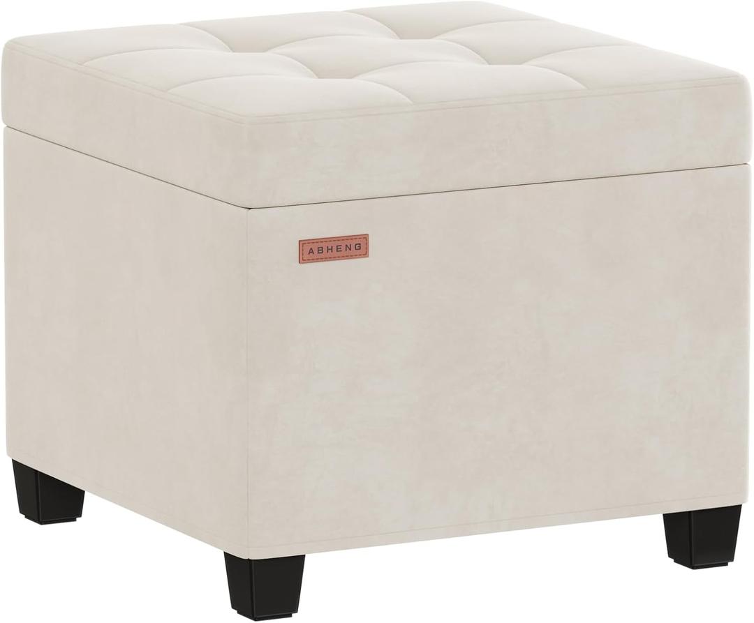 ABHENG Velvet Cover Steel Frame Ottoman with 48L Storage,17.7" x 17.7" x 17.7" Square Linen Storage Ottoman Stool Cube with Legs,for Dorm Livingroom White UASND64W