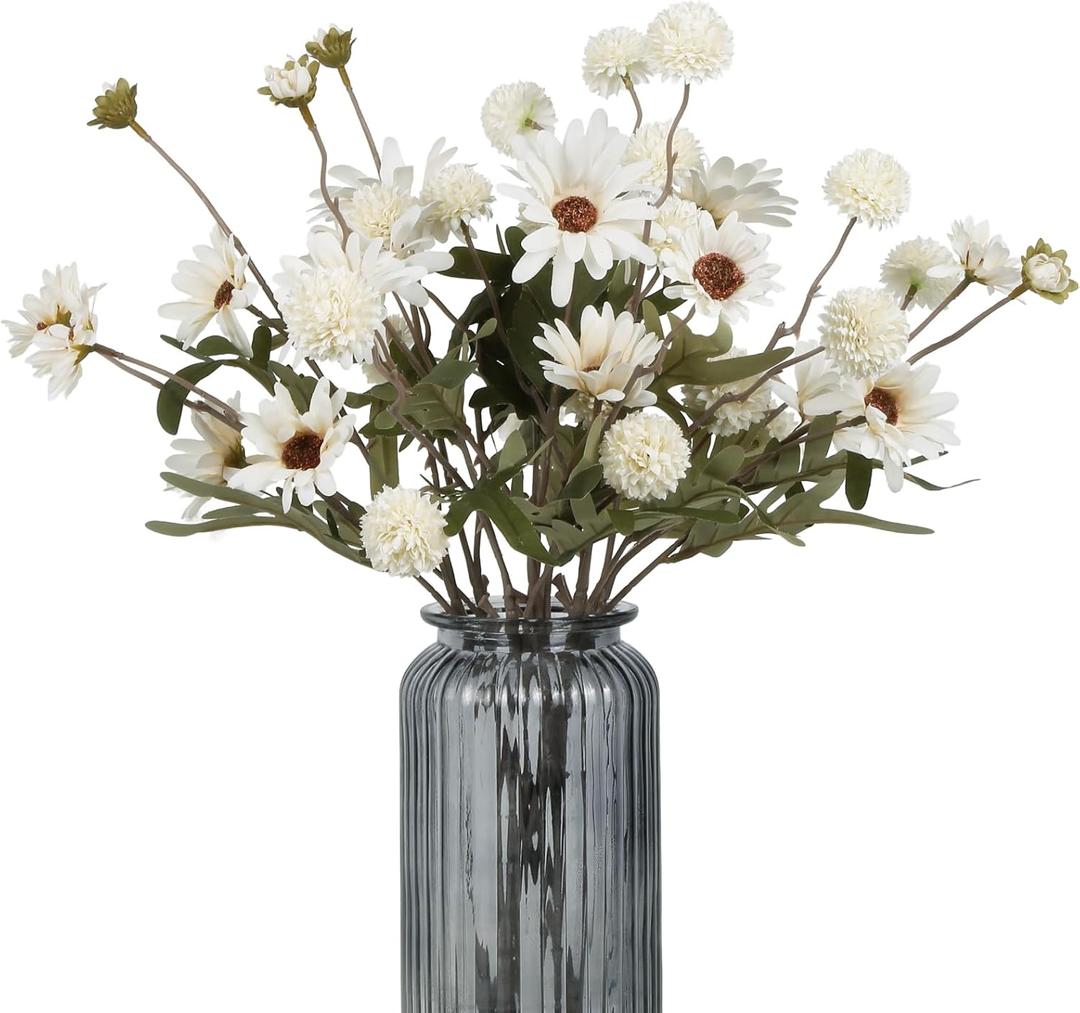 IPOPU 8PCS White Chrysanthemum Flowers Artificial Pompom Mums with Daisy Flowers Artificial Chrysanth Faux Wildflowers Fake Daisies for Home Table Bridal Shower Party Decorations (White)