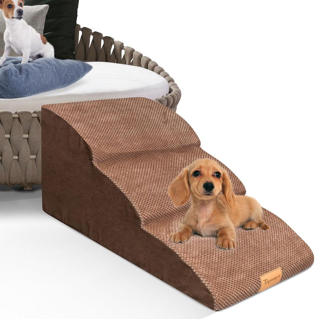 Topmart High Density Extended Foam Dog Ramp&Steps 3 Tiers,15.7" High,Non-Slip Dog Stairs with Waterproof Cover,Soft Foam Pet Ladder,Best for Injured,Older Cats,Pets with Joint Pain (Brown)