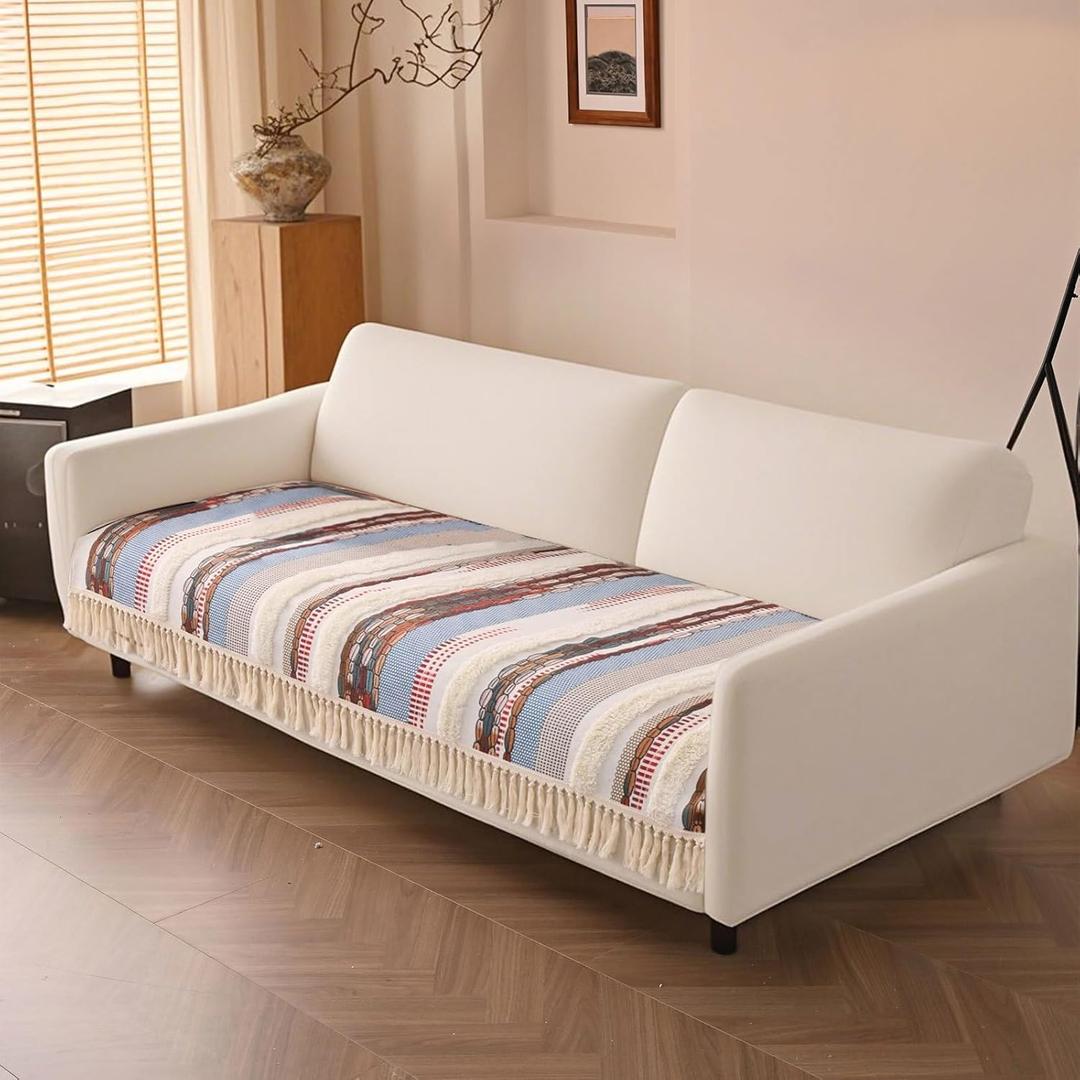 VClife Farmhouse Couch Cover for Sofa, Non Slip Washable Sofa Cover for Dogs, Bohemian Style Geometric Tufted Slipcover, Pet Friendly Furniture Protector, Blue,35.4"x63"