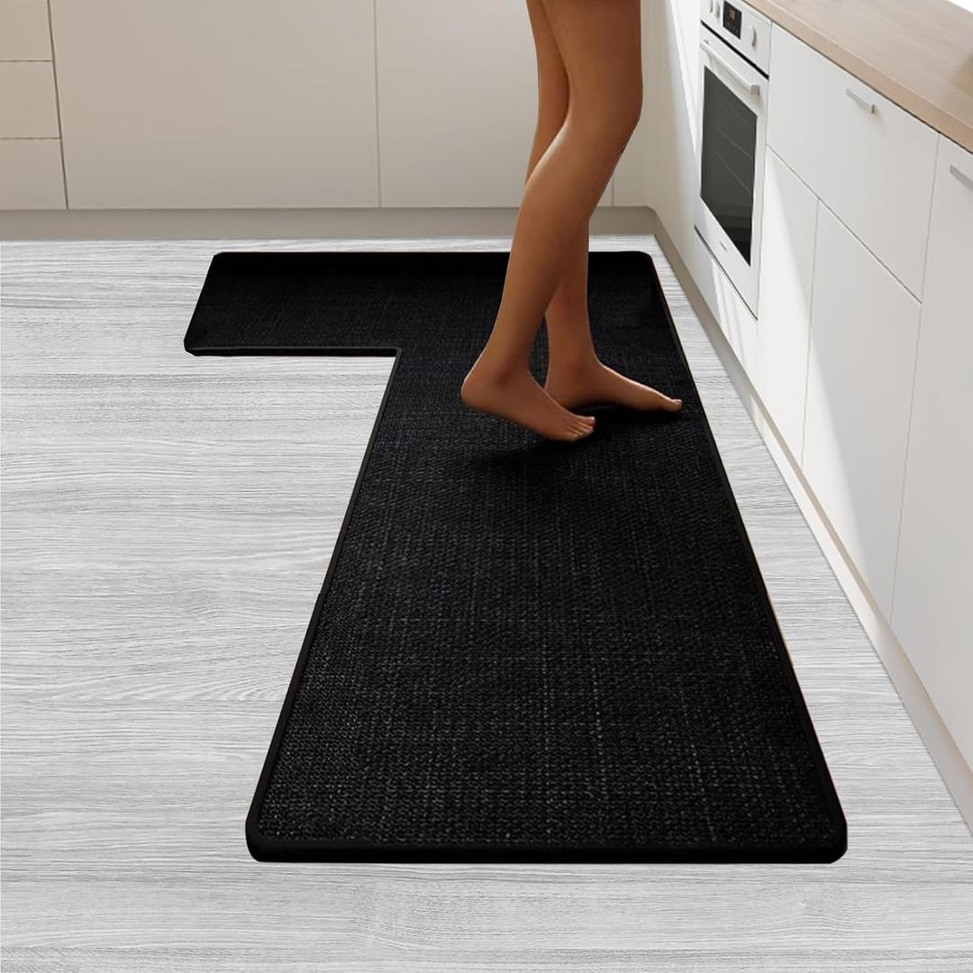 Anti-Slip Corner Kitchen Rug, 1 Piece L-Shaped Floor Mats,Super Absorption Linen Angle Corner Mat for Home,Kitchen (Black Right-L, 39''X47''X18'')