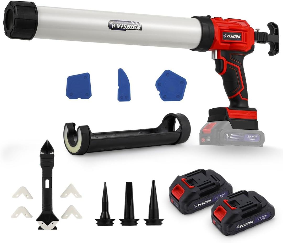 VISHIGH 2 in 1 Cordless Caulking Gun with 2 Batteries, for 10oz-20oz/300-600ml Cartridges and Sausage Packs, Anti-Dripping with LED Light