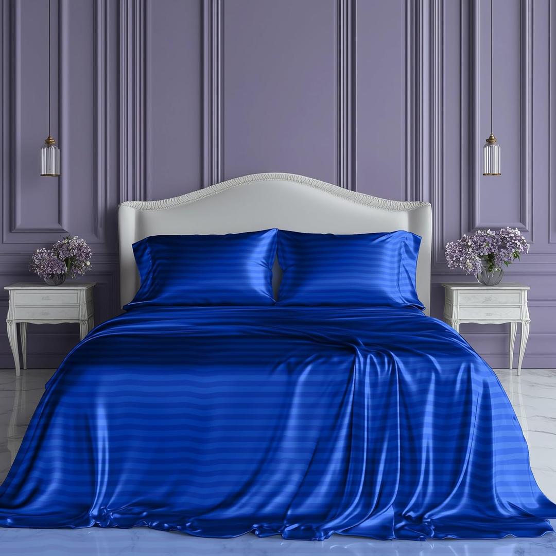 SLEEP SANCTUARY Satin Sheets King Size  4 Piece Luxury Silky Bed Set, Softer Than Silk, 15" Deep Pocket, Cooling & Wrinkle-Free, Moisture-Wicking & Breathable for Hair & Skin (Striped Blue)