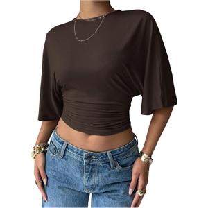 Verdusa Women's Half Sleeve Cinched Waist Tops Ruched Crew Neck T Shirts Going Out Crop Tops (Medium, Coffee Brown)