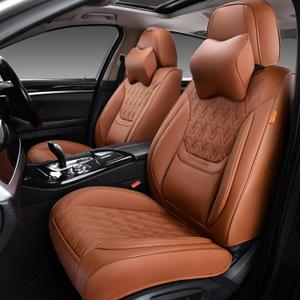 Car Seat Covers Front Pair, Breathable Leather Automotive Front Seat Covers with Headrest, Universal Automotive Vehicle Seat Cover for Most Sedan SUV Pick-up Trucks, Brown