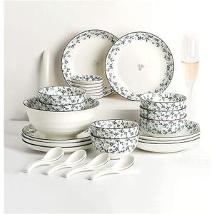 Ceramic 30 Piece Household Ceramic Dinnerware Set Elegant Blue Plant Flowers Plates and Bowl Sets, Plate Sets with Brown Handpainted Lines Ceramic