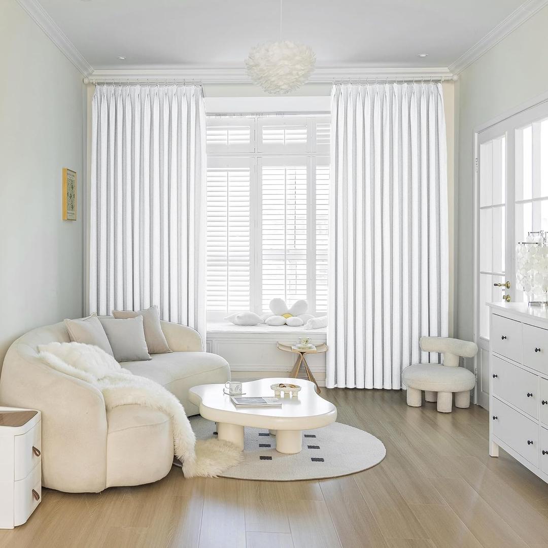 MAIHER Total Blackout Pinch Pleated Curtain 54''W x 84''L, Triple Weave Linen Textured Waterproof Pinch Pleated Drape with Tieback for Bedroom, Living Room (Pure White, 1 Panel)