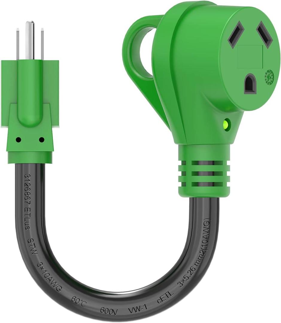 RVGUARD 30 Amp to 110 Volt RV Adapter Cord 12 Inch, NEMA 5-15P to NEMA TT-30R Electrical Power Adapter with LED Power Indicator, Green, ETL Listed