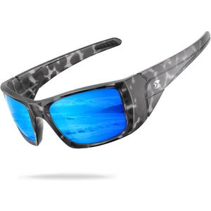 suoso Sports Polarized Sunglasses for Men: Women UV400 Protection Wrap Around Sun Glasses for Fishing Driving Cycling TR90 (C05-black & Clear Camo Frame/Blue Lens)