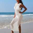HUUSA Women's Crochet Swimsuit Cover Up Sleeveless Hollow Out Bathing Suit Coverup Sexy Backless Split Long Beach Dress (White, M)