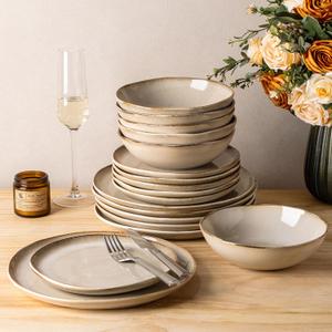 GBHOME Stoneware Dinnerware Sets for 6,18 Piece Rustic Plates and Bowls Set