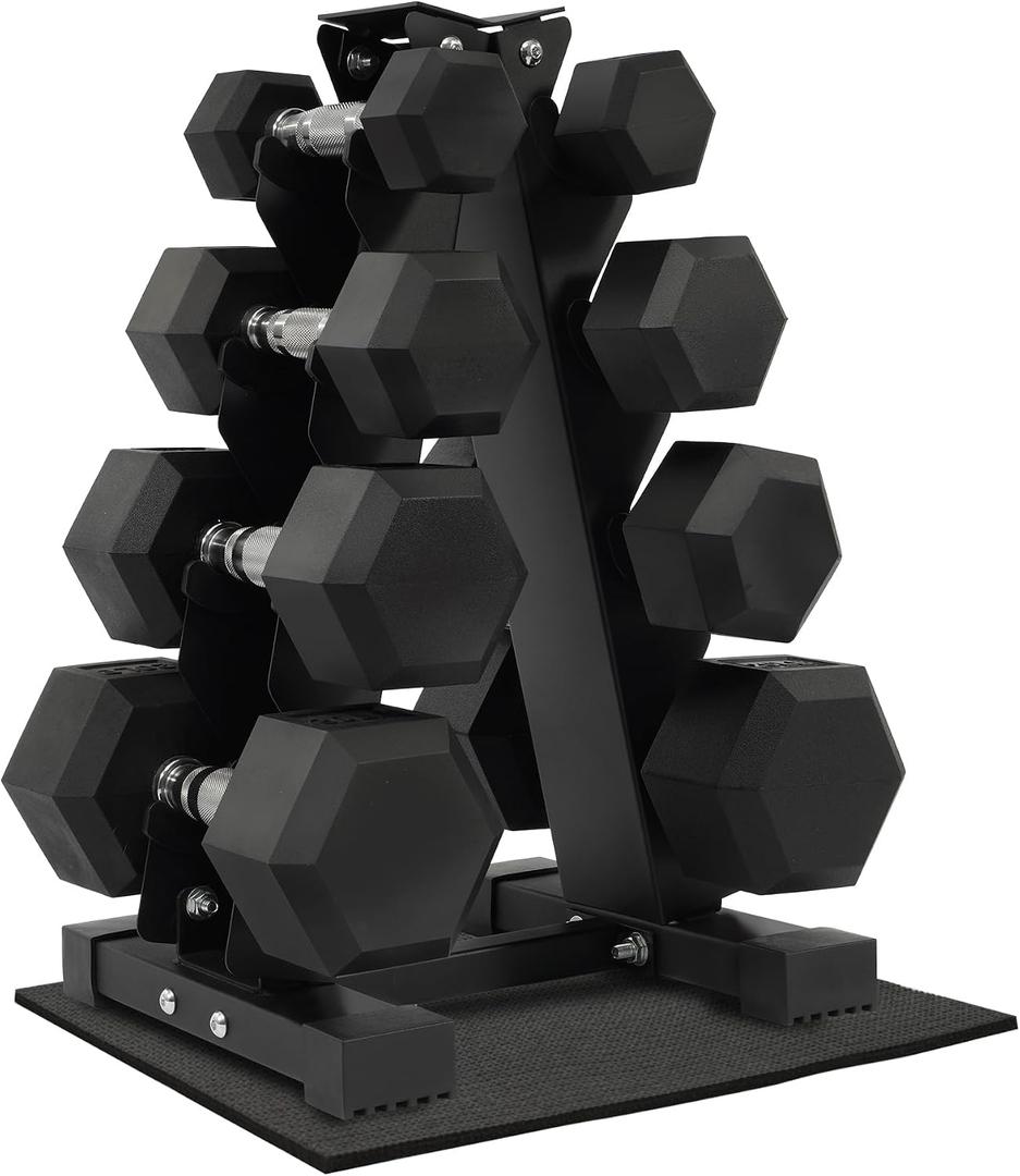 Fitvids 100 LB Rubber Coated Hex Dumbbell Set with Storage Rack, 5-25LB Hand Weight Set with Anti-Slip Grip for Home Gym